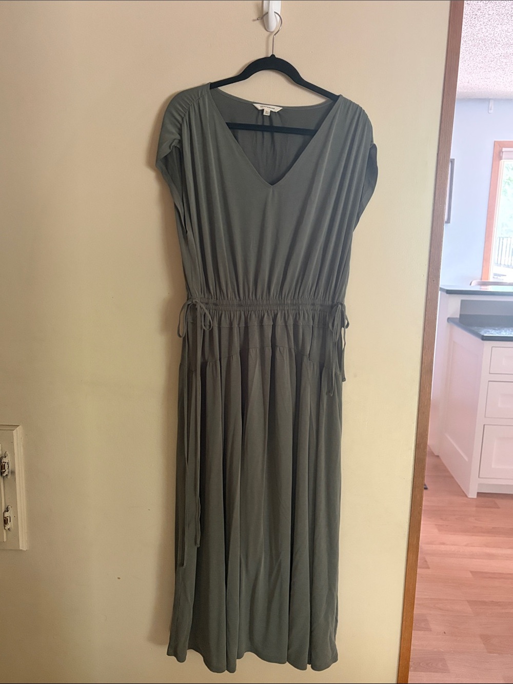 Lucky Brand Olive V-Neck Drawstring Midi Dress